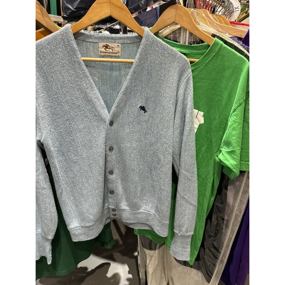 Vintage 1980s Steeplechase Baby Blue Knit Cardigan Sweater Size Medium